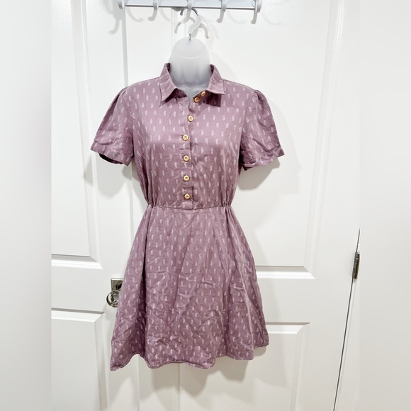 the stockplace Dresses & Skirts - Chic Mauve Feminine Button-Up Mini Dress with gathered waist